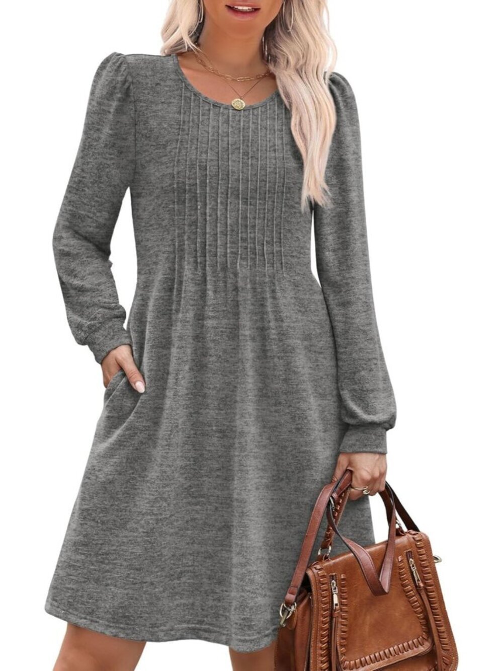Women's Dark Grey Pleated Crew Neck Pockets Fall Baby Doll Sweater Mini Dress